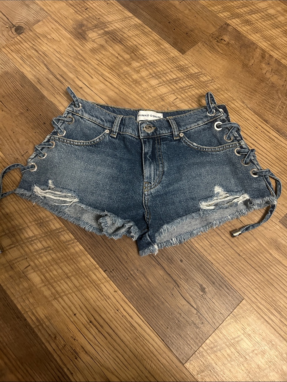 Pinko Dark Blue Distressed Lace-Up Jean Shorts